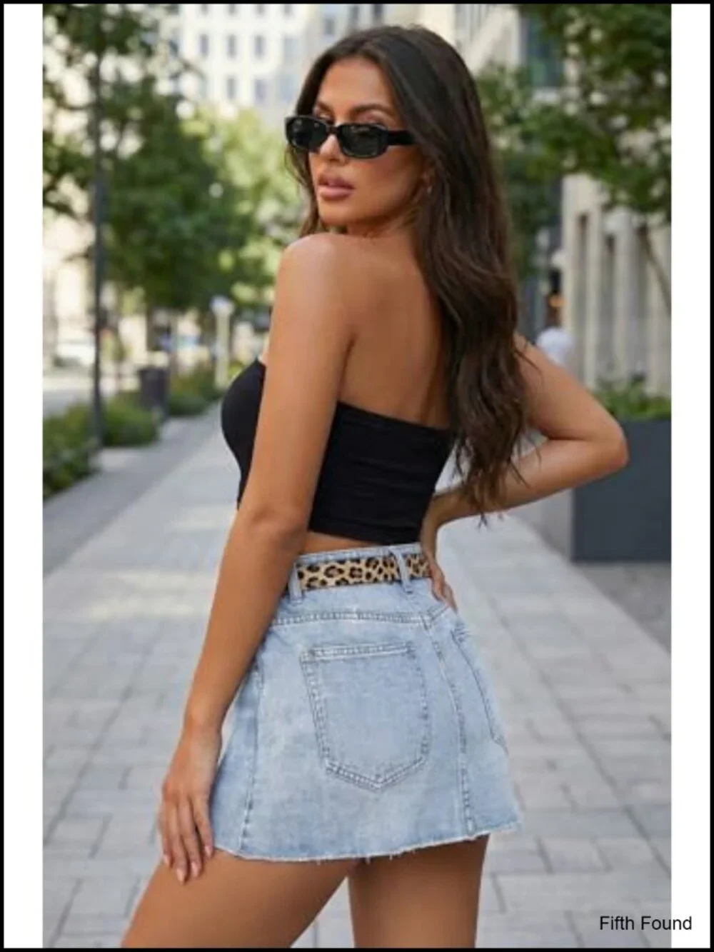 Mini Denim Skirt High Stretch Raw Hem Button Front 2 Pockets